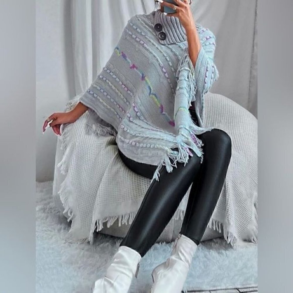 Textured Knit Fringe Trim Turtleneck Knit  Poncho